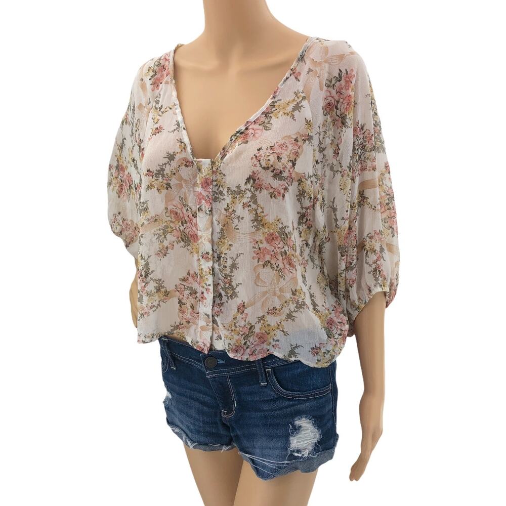 Poetry SMALL Cream Peach Floral Sheer Lace Back Peasant Boho Blouse Crop Top
